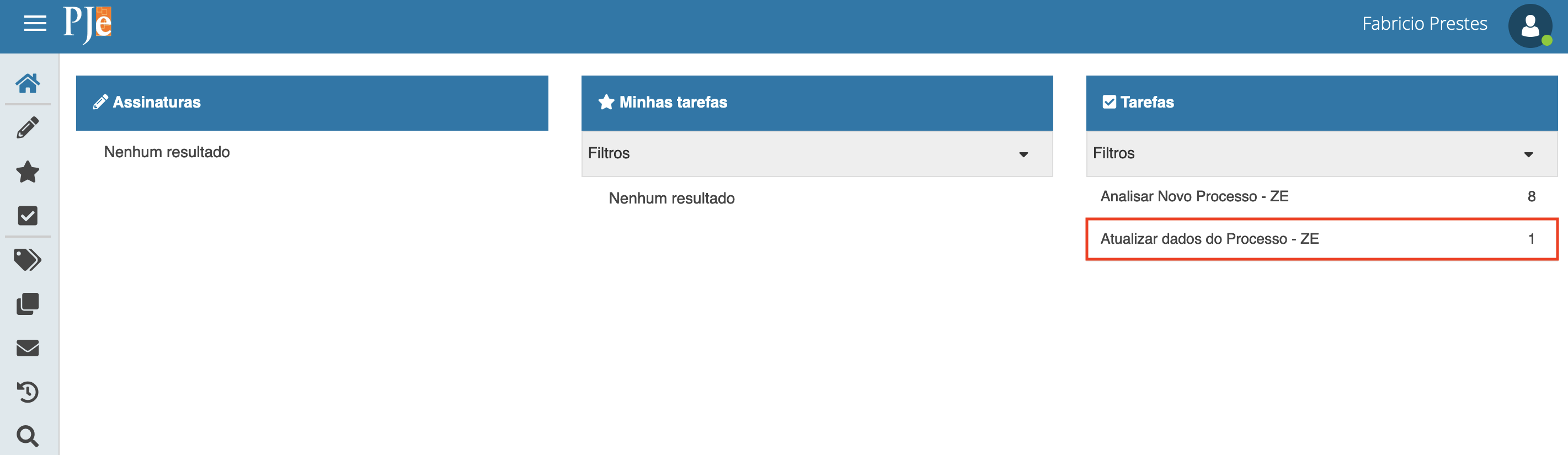 Imagem demonstra o processo na tarefa "Atualizar dados do Processo ZE" após remeter para revisar autuação.