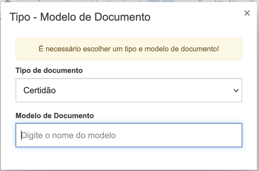 Imagem da opção de selecionar o tipo de documento e pesquisar o modelo a partir da digitação do nome.