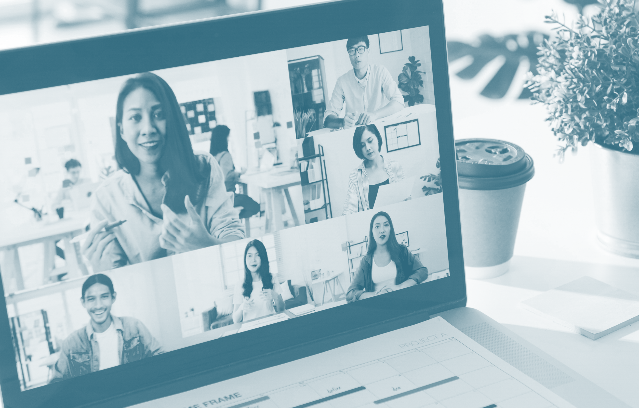 A imagem ilustra uma reunião online em um notebook