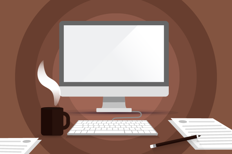 Imagem com fundo marrom e no centro um computador com folhas e caneta, junto com uma caneca de café.