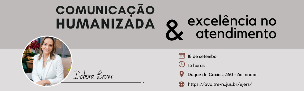 à direita, foto da palestrante. Acima, título do evento. Abaixo, informações para acesso.