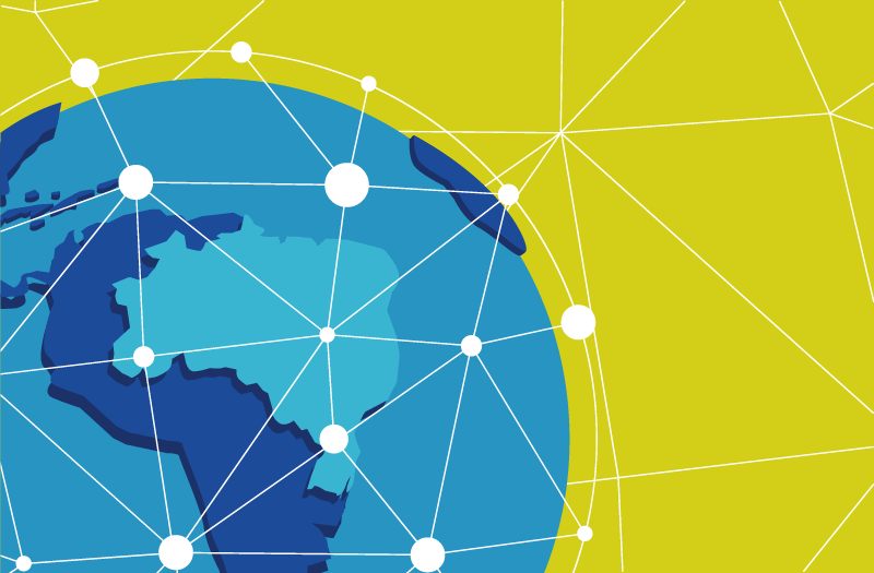 Imagem do planeta terra azul, com fundo amarelo e linhas brancas expressando a ideia de conexão.