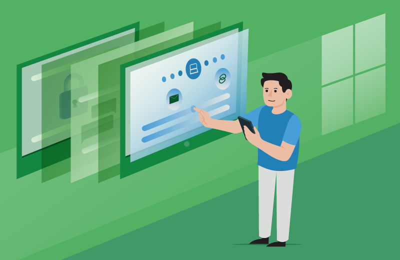 desenho de um rapaz de cabelos pretos tocando numa tela azul, atrás da qual existe uma parede verde.