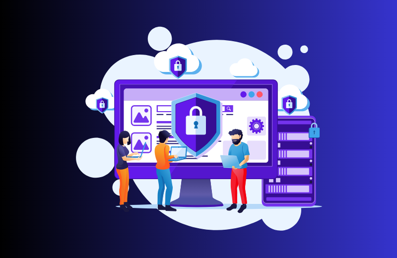 imagem de três pessoas diante de uma tela gigante com informações e um cadeado por cima.