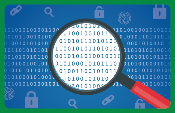 Imagem dos caracteres zero e um, num fundo azul, com uma lupa dando destaque para um conjunto desses caracteres.