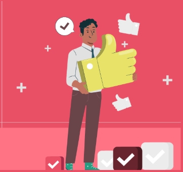 Imagem com uma pessoa segurando um polegar com o sinal de positivo em amarelo. O fundo da imagem está em vermelho