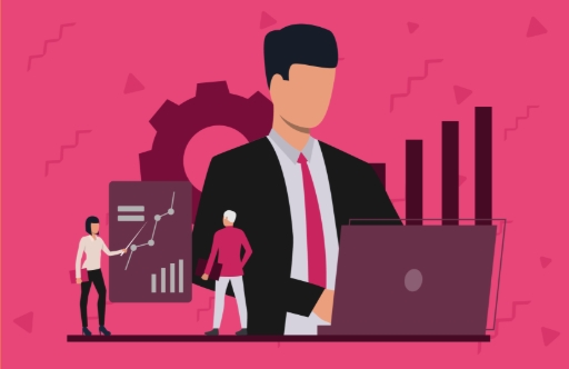Uma pessoa segurando um notebook e abaixo outras duas pessoas, uma explicando um gráfico enquanto a outra observa.