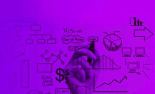 A imagem ilustra uma mão desenhando diversos objetos, como por exemplo, computadores, cifrão e o fundo na cor roxa.