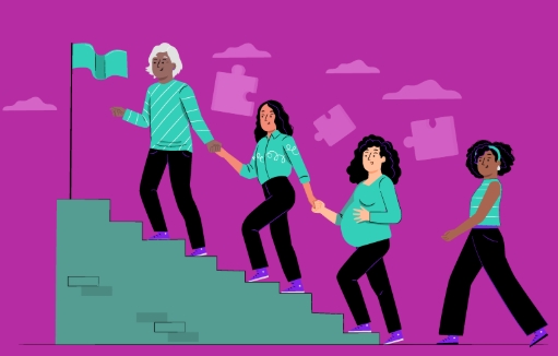 A imagem ilustra quatro mulheres de mãos dadas subindo uma escada verde, no topo, uma bandeira verde e o fundo é na cor roxa.