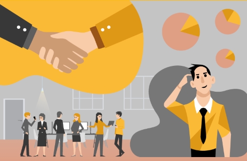 A imagem ilustra várias pessoas conversando, no canto superior esquerdo um aperto de mão.